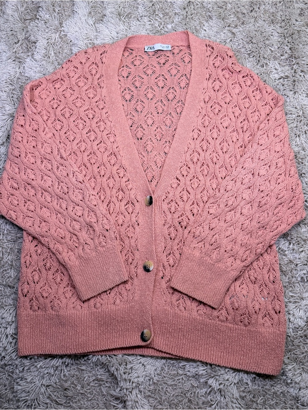 Zara Coral Pink 100% Cotton Openwork Crochet Cardigan Size L Boho